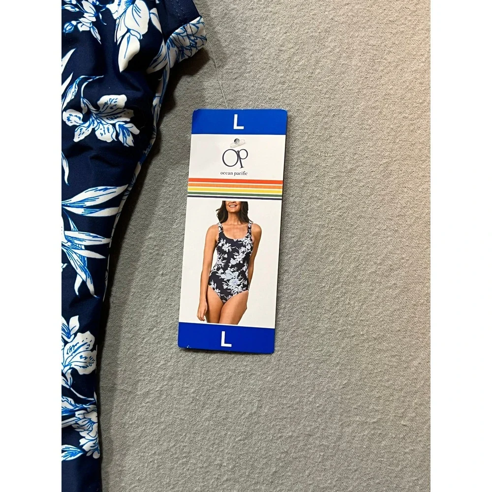 NWT OP One-piece Swimsuit Blue White Floral Size L - Picture 4 of 6